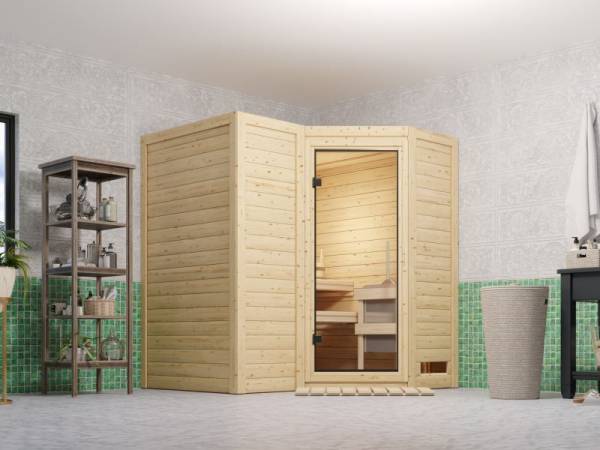 Karibu Aktionssauna Edda 1 mit 9 kW Ofen integ. Strg. ohne Dachkranz Karibu Aktionssauna Edda 1 mit 9 kW Ofen integ. Strg. ohne Dachkranz