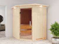 Karibu Sauna Larin inkl. 9kW Ofen integrierte Steuerung, mit Klarglas-Ganzglastür -mit Dachkranz-
