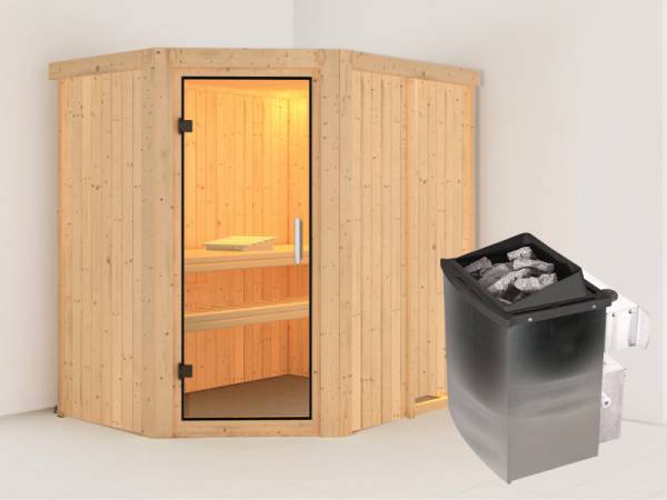 Karibu Sauna Carin- Klarglas Saunatür- 4,5 kW Ofen integr. Strg- ohne Dachkranz