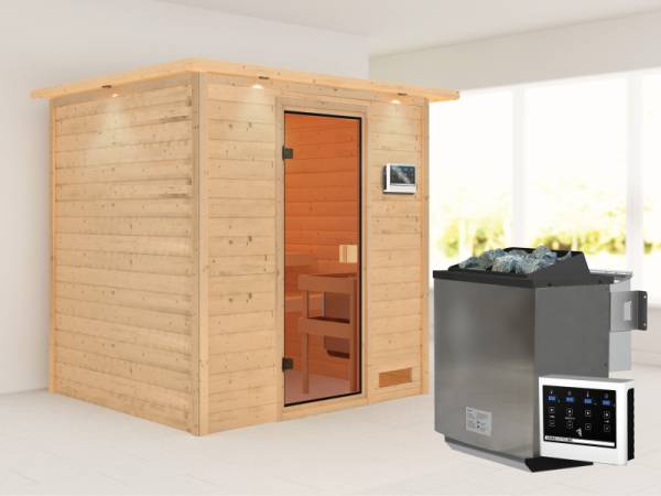 Karibu Sauna Adelina 4,5 kW BIO-Ofen ext. Strg mit Dachkranz