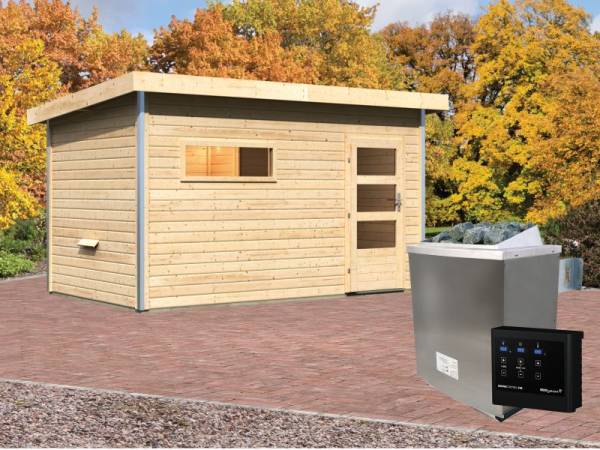 Karibu Aktionssaunahaus Erik 3 38 mm mit 9 kW Ofen ext. Strg. naturbelassen Karibu Aktionssaunahaus Erik 3 38 mm mit 9 kW Ofen ext. Strg. naturbelassen