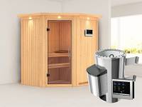 Tonja - Karibu Sauna Plug & Play 3,6 kW Ofen, ext. Steuerung - mit Dachkranz - Klarglas Ganzglastür