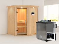 Karibu Sauna Larin- Klarglas Saunatür- 4,5 kW Bioofen ext. Strg- mit Dachkranz