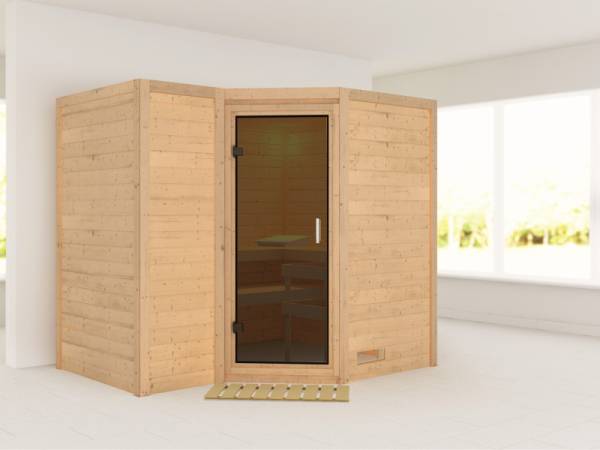 Karibu Sauna Sahib 2 ohne Ofen, ohne Dachkranz, mit moderner Saunatür
