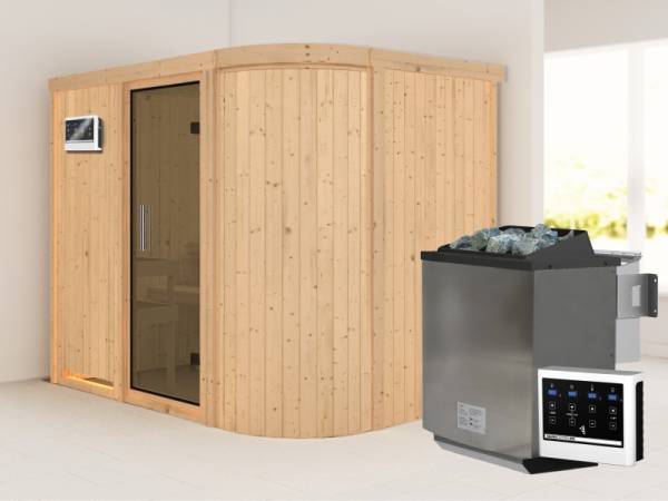 Karibu Sauna Titania 4 inkl. 9 kW Bio Ofen mit ext. Steuerung, ohne Dachkranz, mit moderner Saunatür