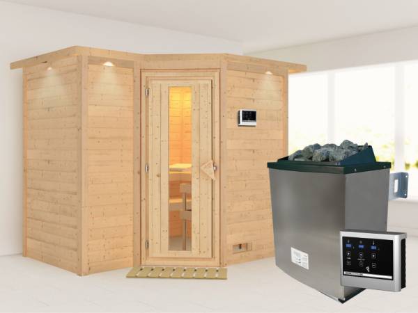 Karibu Sauna Sahib 2 inkl. 9-kW-Ofen mit externer Steuerung, mit Dachkranz, mit energiesparender Saunatür