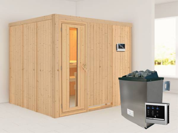 Karibu Sauna Gobin inkl. 9-kW-Ofen mit externer Steuerung, ohne Dachkranz, mit energiesparender Saunatür
