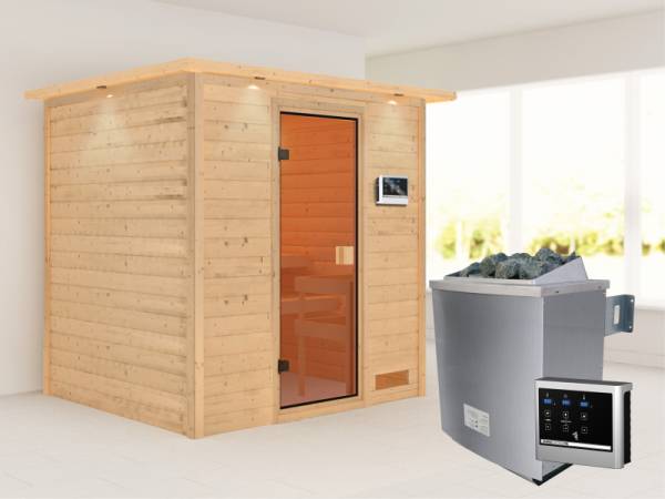 Karibu Woodfeeling Sauna Anja - Classic Saunatür - 4,5 kW Ofen ext. Strg. - mit Dachkranz
