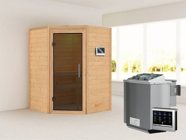 Karibu Woodfeeling Sauna Franka - Moderne Saunatür - 4,5 kW BIO-Ofen ext. Strg. - ohne Dachkranz