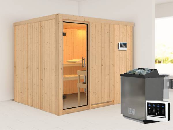 Karibu Sauna Gobin inkl. 9 kW Bio Ofen mit ext. Steuerung, ohne Dachkranz, mit Klarglas Ganzglastür