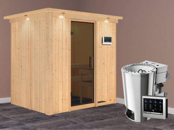 Fanja - Karibu Sauna Plug &amp; Play 3,6 kW Bio Ofen, ext. Steuerung - mit Dachkranz - Moderne Saunatür
