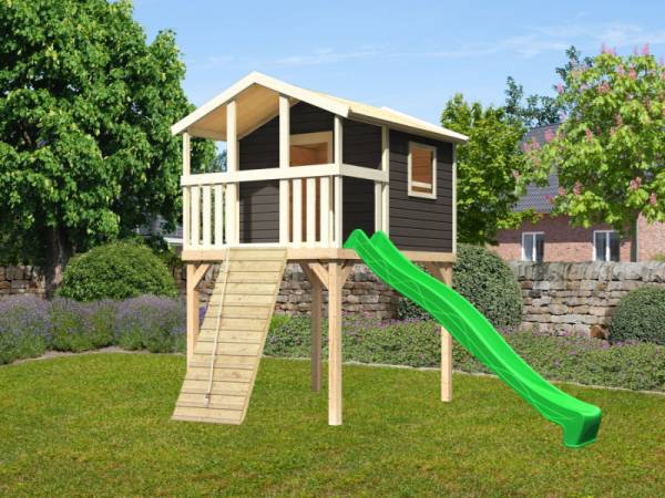 Akubi Stelzenhaus Benjamin terragrau + Rutsche grün + Holzrampe Akubi Stelzenhaus Benjamin terragrau + Rutsche grün + Holzrampe
