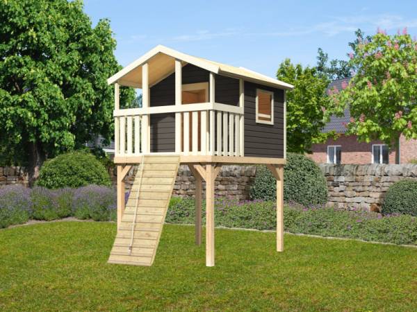 Akubi Stelzenhaus Benjamin terragrau mit Holzrampe Akubi Stelzenhaus Benjamin terragrau mit Holzrampe