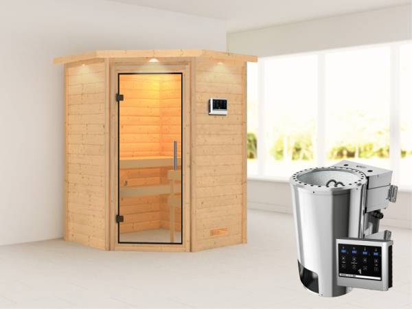 Alicja - Karibu Sauna Plug &amp; Play 3,6 kW Bio Ofen, ext. Steuerung - mit Dachkranz - Klarglas Ganzglastür
