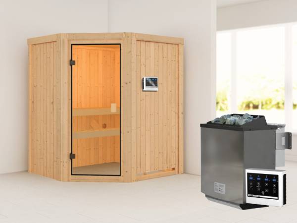 Karibu Sauna Faurin inkl. 9 kW Bioofen ext. Steuerung mit klassischer Saunatür -ohne Dachkranz-