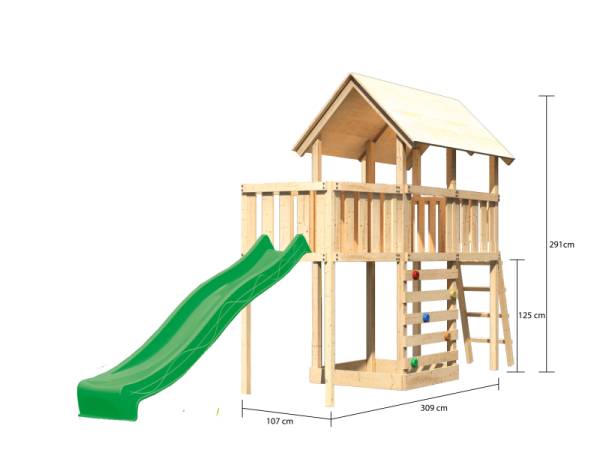 Akubi Spielturm Danny Satteldach + Rutsche grün + Anbauplattform + Kletterwand