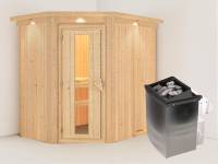 Karibu Sauna Carin- energiesparende Saunatür- 4,5 kW Ofen integr. Strg- mit Dachkranz