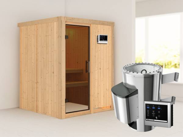 Minja - Karibu Sauna Plug & Play 3,6 kW Ofen, ext. Steuerung - ohne Dachkranz - Moderne Saunatür