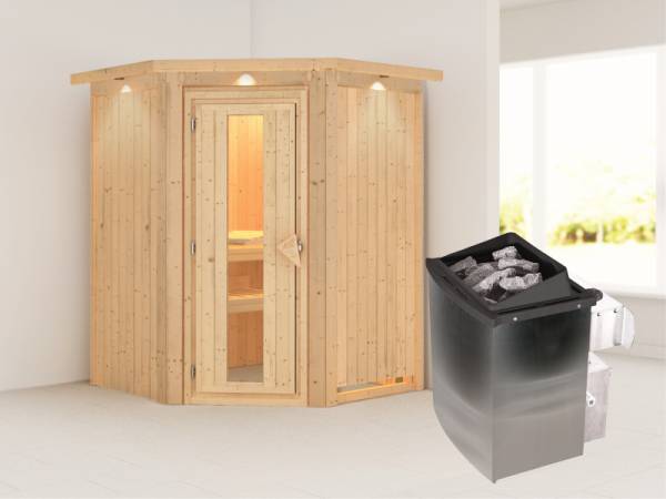 Karibu Sauna Larin- energiesparende Saunatür- 4,5 kW Ofen integr. Strg- mit Dachkranz