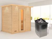 Karibu Sauna Sonja inkl. 9 kW Ofen integr. Steuerung mit energiesparender Saunatür -mit Dachkranz-