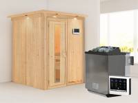 Karibu Sauna Norin- energiesparende Saunatür- 4,5 kW Bioofen ext. Strg- mit Dachkranz
