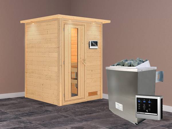 Karibu Woodfeeling Sauna Svenja- energiesparende Saunatür- 4,5 kW Ofen ext. Strg- mit Dachkranz