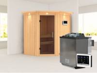 Karibu Sauna Taurin- moderne Saunatür- 4,5 kW Bioofen ext. Strg- mit Dachkranz