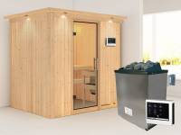 Karibu Sauna Bodin- Klarglas Saunatür- 4,5 kW Ofen ext. Strg- mit Dachkranz