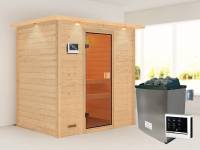 Karibu Sauna Selena inkl. 9 kW Ofen ext. Steuerung mit klassischer Saunatür -mit Dachkranz-