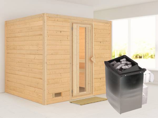 Karibu Sauna Sonara inkl. 9-kW-Ofen mit interner Steuerung, ohne Dachkranz, mit energiesparender Saunatür