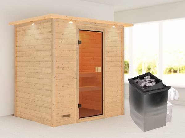 Karibu Sauna Selena mit 4,5 kW Ofen integr. Strg mit Dachkranz