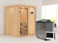 Karibu Sauna Norin- Klarglas Saunatür- 4,5 kW Bioofen ext. Strg- mit Dachkranz