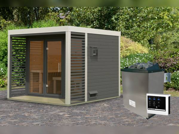 Karibu Hybrid Saunahaus Ares 3, terragrau/weiß -inkl. 9 kW Ofen ext. Steuerung-