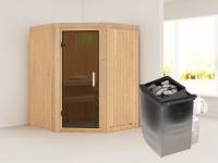 Karibu Sauna Larin- moderner Saunatür- 4,5 kW Ofen integr. Strg- ohne Dachkranz