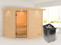 Karibu Sauna Tilda inkl. 9 kW Ofen integr. Steuerung mit klassischer Saunatür -mit Dachkranz-