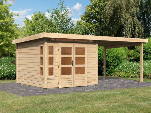 Karibu Gartenhaus Kastorf 6 - 28 mm natur mit Anbaudach 3,2 m