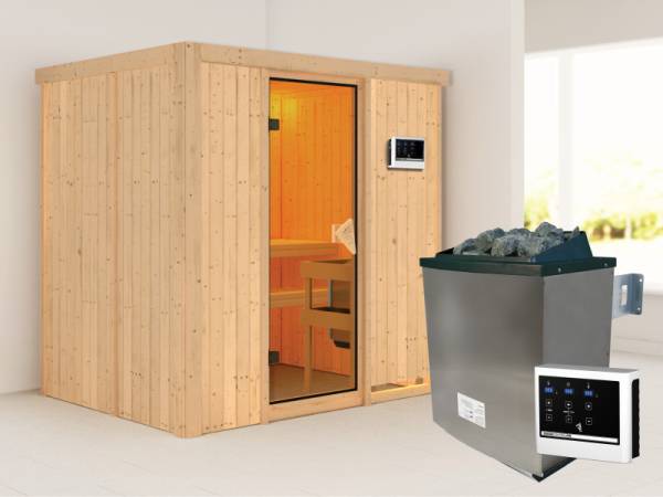 Karibu Sauna Bodin- klassische Saunatür- 4,5 kW Ofen ext. Strg- ohne Dachkranz