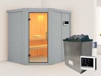 Karibu Sauna Siirin lichtgrau 68 mm- Klarglas Saunatür- 4,5 kW Bioofen ext. Strg- ohne Dachkranz