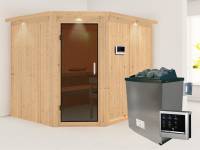 Karibu Sauna Malin inkl. 9-kW-Ofen mit externer Steuerung, mit Dachkranz, mit moderner Saunatür