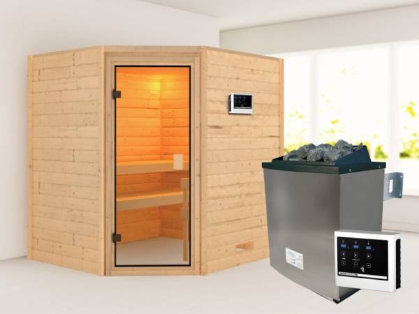 Karibu Sauna Mia- klassische Saunatür- 4,5 kW Ofen ext. Strg- ohne Dachkranz